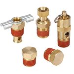 Hromee 5 Piece 1/4 Inch Compressor Air Tank Port Fittings Drain Valve Kit with Solid Brass Hex Head Plugs Winged Style and Twist Style Petcock 140 PSI Safety Valve