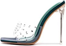 Cape Robbin Brisa Green Stiletto Heel Sandal - Women's Size 11, Clear Heels with Rhinestones, Slip-on Dress Shoes