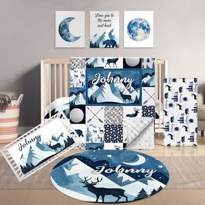 Terwex Personalized Baby Crib Bedding - 5 Pcs Custom Name Bedding Sets for Girls & Boys - Soft Toddler Crib Sets for Infant Customized Gifts, Blue Moon & Bear