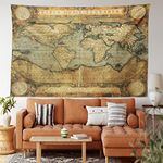 Ambesonne Wanderlust Tapestry, 16th Century Map of The World History Adventure Civilization, Wide Wall Hanging for Bedroom Living Room Dorm, 80" X 60", Army Green Sand Brown