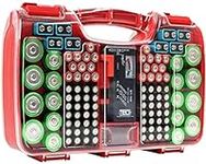 Battery Organizer Storage Case with Tester, Holds 180 Batteries, Clear Hinged Cover, Locking Lid - For AA, AAA, C, D and More
