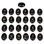 mookaitedecor Black Obsidian Rune Stones Set of 25, Engraved Elder Futhark Alphabet Symbol Cabochon Carved Runes Stones for Divination Wicca Supplies