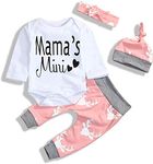 i-Auto Time 4Pcs Newborn Baby Girl Clothes Mama's Mini Romper+Deer Pants+Hat+Headband Christmas Outfits Set (White+Pink, 6-12 Months)