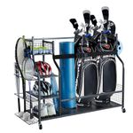 VEVOR Golf Storage Garage Organizer, 3 Golf Bag Stand Holder and Other Sports Equipment Storage Rack, Rolling Ball Cart on Wheels, Outdoor Sport Gear and Toy Storage with Baskets & Hooks, Steel, Black