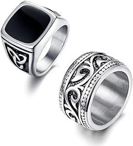 FINREZIO 2Pcs Stainless Steel Rings for Men Vintage Biker Signet & Band Ring Set Size 7-15, Metal