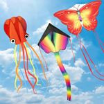 Nazano 3 Pack Kites - kites for children and adults, Large Rainbow Kids Kite Butterfly Kites Red Mollusc Octopus for Outdoor Game Activities, Beach Games Great Gift to Boys Girls Age 3 4 5 6 and Up