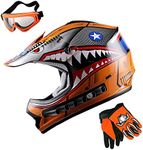 1Storm Youth Motocross Helmet Kids Motorcycle Bike Helmet Shark Orange + Goggles + MG Youth Orange Glove Bundle