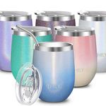 THILY 12oz Stainless Steel Wine Tumbler - Vacuum Insulated Stemless Wine Glass with Sliding Lid and Reusable Straw, Keeps Drinks Hot & Cold, Perfect for Coffee, Cocktails, Glitter Blue Sky