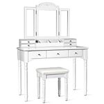 CHARMAID Vanity Set with Tri-Folding Mirror & 8 Necklace Hooks, 7 Drawers, 2 Dividers, 6 Desktop Makeup Organizers, Bedroom Makeup Dressing Table with Cushioned Stool for Women Girls (White)