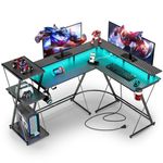 SEVEN WARRIOR L Shaped Gaming Desk, 50.4" Reversible Computer Desk with LED Lights & Power Outlets, Corner Desk with Storage Shelf & Monitor Stand, L Shaped Desk with Cup Holder, with Hooks, Black