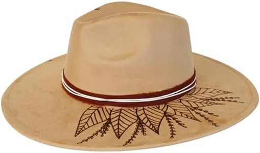 Wildflowers and Barley – Hand-Burned Botanical Fedora Hat – Camel Vegan Suede Wide Brim with Brown and Cream Hat Band, Adjustable Fit, Rancher Crown Boho Festival Style, Handmade Artisan Look – Camel