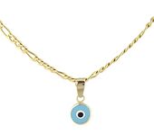 JOTW 14K Gold Round Evil Eye Pendant Necklace - 18 Inch Gold Overlay Figaro Chain - Comes in Dark Blue, Red, Orange, Black, Sky Blue, Yellow, Pink, Light Blue,, Gold, No Gemstone