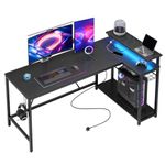 Bestier 147CM L-Shaped Gaming Desk with RGB Lights & Power Outlets, Reversible Corner PC Workstation with Storage & Hooks for Gamers or Home Office