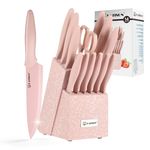 KATISUN Kitchen Knife Set with Block, 14 Piece Pink Non-Stick Coated Stainless Steel Knives Set, Anti-Rust and Dishwasher Safe, 12 Knives with Kitchen Shears and Block