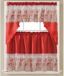 PREMIUS Phoebe Sequin Embroidered Kitchen Curtain Set, Red, Swag 60x36, Tiers 30x36 Inches