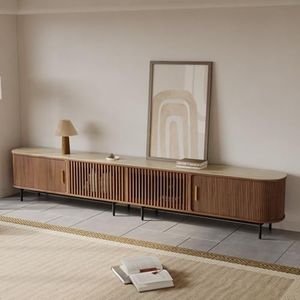 POVISON Fully-Assembled Sliding Tambour Door TV Stand, Mid Century Modern Sintered Stone TV Console, Wood Media Console, Entertainment Center with Storage Cabinet (Walnut, 118.11")
