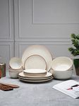 MIAH Decor Handcrafted Stoneware Dinner Set-Pack of 14-[4 Dinner Plates; 4 Quarter/Side Plates/ 4 Dinner Bowls/ 2 Serving Bowls]|Cream with Brown Rim|Matte Finish|Ceramic |MD-496