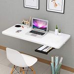 QARA (31 x 18.5 inches Wood Wall Mounted Round Corner Folding Wall Study Table with Cup Holder | Wall Mount Table with Drawer | Foldable Laptop Desk for Home and Office Computer- White