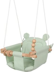 Monkey & Mouse Baby Swing, Pale Green Indoor Outdoor Portable Hanging Chair - Infant & Toddler Kids 6 Months - 4 Years, Cotton Canvas & Beech Wood Frame, Sensory Hammock Boy & Girl Seat w/Wooden Toys