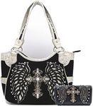 Western Style Rhinestone Cross Studded Laser Cut Wings Tooled Leather Purse Women Handbags Country Shoulder Bag Wallet Set, Black/Silver Set, Large