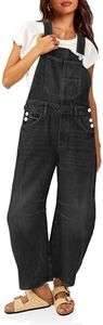 PLNOTME Womens Denim Bib Overalls Barrel Leg Adjustable Strap Jean Pants Jumpsuits with Pockets