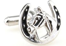 MRCUFF Horse and Horseshoe Race Racing Pair Cufflinks in a Presentation Gift Box & Polishing Cloth