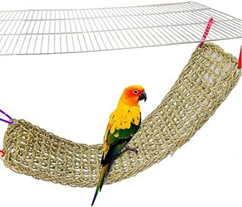 Bird Seagrass Mat,Natural Grass Woven Net Hammock Hanging on Parrot Cage with 4 Hooks,Parakeet Climbing Rope Ladder Chew Toys for Lovebird Cockatiel Conure Budgie,Cockatoo Supplies 28.3" x 6.7"dgie