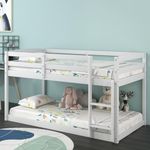 KOMFOTT Low Bunk Bed Twin Over Twin, Solid Wood Bunk Bed Frame with Built-in Ladder & Safety Guardrails, Space-Saving Low Bunk Bed for Kids, Teens, No Box Spring Needed (White)