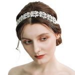 Babeyond® Bridal Handmade Luxury Rhinestone Wedding Party Hairband Hair Band Austrian Crystal Floral Leaf with Lace Ribbon (Silver)