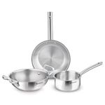Bergner TriPro 3 Pcs Tri-Ply Stainless Steel Induction Bottom Cookware Set - 22cm (2L) Kadai and 22cm (1L) Frypan, 14cm (1.1L) Teapan, Less Oil Use, Easy to Clean - Induction and Gas Stove Ready