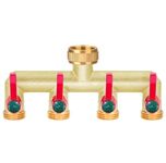 iBamso Solid Brass Garden Hose Splitter, 4 Way Tap Splitter with On/Off Valves and Extended Handle, 3/4 Inch Water Hose Splitter Garden Tap Fitting, High Flow Outlet Hose Connector