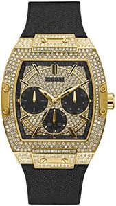 GUESS Men's Trend Casual Tonneau Diamond 43mm Watch, Black/Gold Tone/Gold, Modern