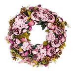 BOMAROLAN Artificial Peony Flower Wreath 19Inch Vintage Blooming Silk Peonies Spring Summer Fall Winter Large Wreaths Flower Green Leaves for Outdoor Front Door Indoor Wedding Wall Or Window Décor