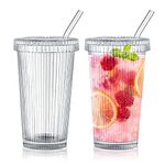 Joeyan 375ml Ribbed Glass Cups with Lids and Glass Straws, Set of 2 Glass Tumblers Iced Coffee Glasses, Reusable Clear Drinking Glasses for Iced Coffee, Smoothie, Beverages, Tea, Water, Cold Drinks