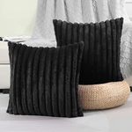 FUTEI Black Striped Throw Pillow Covers 18x18 Inch Set of 2,Square Cushion Case,Home Decorative Couch Pillow Cover,Soft Cozy Faux Rabbit Fur & Velvet Back,Modern Neutral Decor for Bed,Sofa