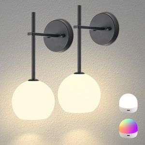 Black Battery Operated Wall Sconces Set of 2, Rechargeable Wireless Wall Lights with Milky White Frosted Glass Shade, 12 RGB and 3CCT Dimmable, Wall Lamps with Remote for Bedroom Living Room Hallway
