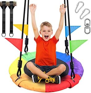 Odoland 24 inch Children Tree Swing, Outdoor Small Saucer Swing Platform Swing for Kid, Round Flying Swing wirh Adjustable Hanging Ropes for Backyard, 220lb Weight Capacity Great for 1-2 Kids