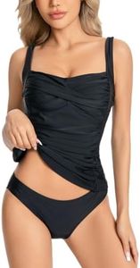 KOKITA Tankini Swimsuits for Women Two Piece Vintage Gather Control Halter Pull-On Swimwear Bathing Suits Black S