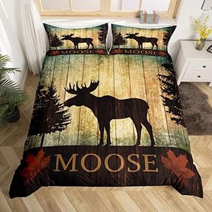 Erosebridal Moose Duvet Cover Rustic Decor, Jungle Animals Bedding Set Wildlife Decor, Plant Pine Tree Twin Comforter Cover, Wooden Cabin Decor Retro Vintage Ombre Art Quilt Cover for Girls Boys Kids