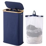 Vencier 60L Slim Laundry Hamper with Lid, Narrow Foldable Laundry Basket with Removable Bag & Bamboo Handles, Thin Dirty Clothes Hamper for Bathroom, Bedroom, Dorm (Blue, 60L)