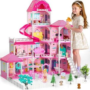 Dollhouses for Grils, Big Housetoys Furniture Pink Toys, 4 Stories 10 Rooms Dreamhome with 2 Dolls Toy Pretend Plays Toy with Light & Furniture Toddler Playhouse for for Ages 3 4 5 6 7 8 9 10