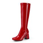 DREAM PAIRS Women's Gogo Boots, Square Toe Chunky Heel Knee High Fall Boots Disco Shoes for Women,Size 8.5,Red/Patent/pu,SDKB2231W