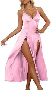 Rigeri Sexy Lingerie for Women Satin Nightgown High Slit Sleepwear for Women Pink Chemise Lace Negligee Honeymoon Lingerie Dress Light Pink XXL