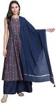 Janasya Indian Women's Blue Poly Muslin Printed Kurta With Palazzo and Dupatta