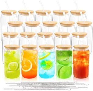 Joyclub 20 Set Glass Cups with Bamboo Lids and Straws 16oz Can Shaped Reusable Iced Coffe Cups with Lids, Drinking Glasses Tumbler with Straw and Lid for Soda Boba Tea Cocktail Whiskey Gift