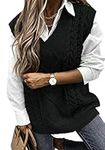 Sweezarmo Womens V Neck Cable Knit Black Sweater Vest Solid Color Oversized Sweater Casual Sleeveless Pullover Tops for Women Black Small