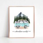 Adventure Awaits Art Print Travel Poster Mountain Wall Decor Blue Tour Bus Painting Wanderlust Gift for Traveler 8x10 inch No Frame