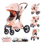 BEBBY 3 in 1 Pram, City Strollers with Seat,Stroller 3 in 1 Travel Stroller with Adjustable-Height Push Handle Stick Stroller, Landscape Combined Strollers High Aluminium Frame (H2-Pink-UK, H2)