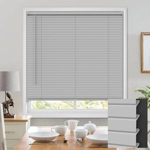 UNISHADES 100% Privacy Cordless Mini Blinds for Indoor Windows 1" Vinyl L-Shaped Blades Horizontal Blackout Shades, Pull Down Small Window Blinds for Home Kitchen, for Window 58" W × 64" H Grey