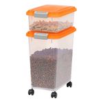 IRIS USA Dog Food Storage Container, 13.6 Kg & 5 Kg Combo, Cat Food Storage Container, Dog Treat Container, Airtight, Stackable, 2-Cup/ 450 g Scoop, Wheels, Easy Mobility, BPA Free, Orange